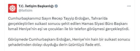 Cumhurbaşkanı Erdoğan, Haniye'nin ailesiyle görüştü