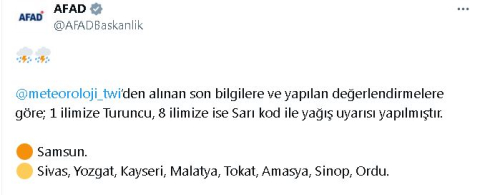 AFAD: 1 ilde turuncu, 8 ilde sarı kodlu yağış uyarısı yapıldı