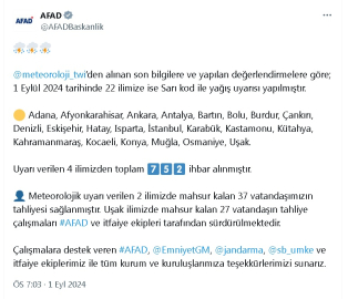 AFAD, 22 kent için 'Sarı' kod ile yağış uyarısı yapıldığını açıkladı