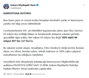 Ankara Büyükşehir'den Ebru Gündeş'e 69 milyon TL verildiği iddiasına açıklama