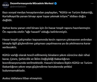 DMM: Kartalkaya'da yanan otelin apar topar yıkılacağı iddiası doğru değil