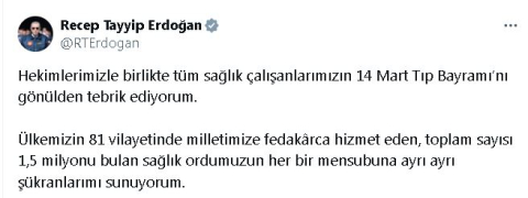 Cumhurbaşkanı Erdoğan'dan '14 Mart Tıp Bayramı' mesajı